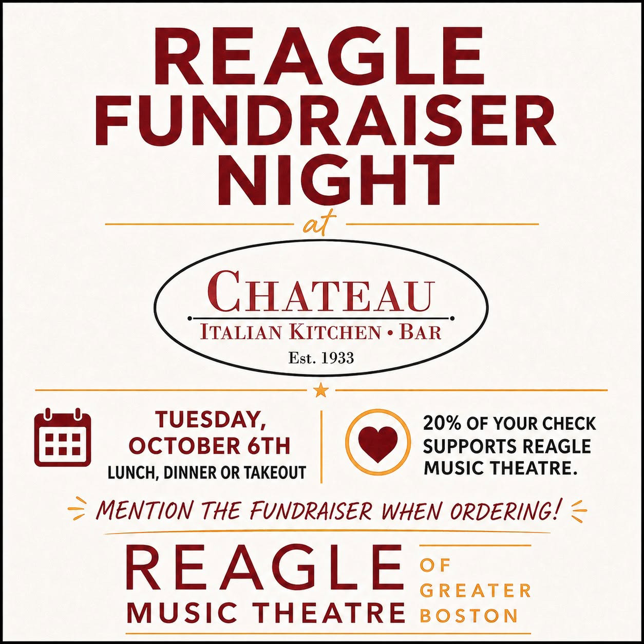 Graphic for Reagle Music Theatre Fundraiser Night at the Chateau Restaurant in Waltham